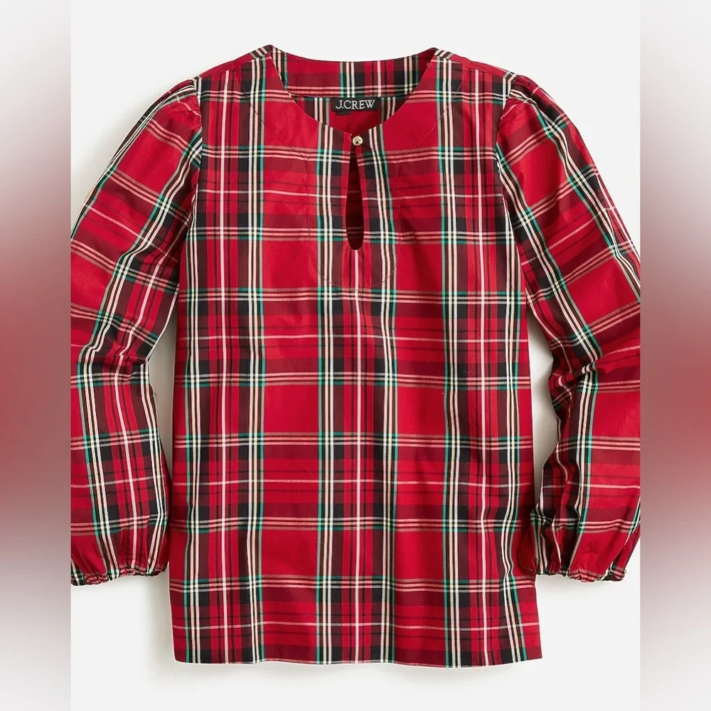 J. Crew Puff-sleeve poplin top in Good Tidings plaid Size‎ M